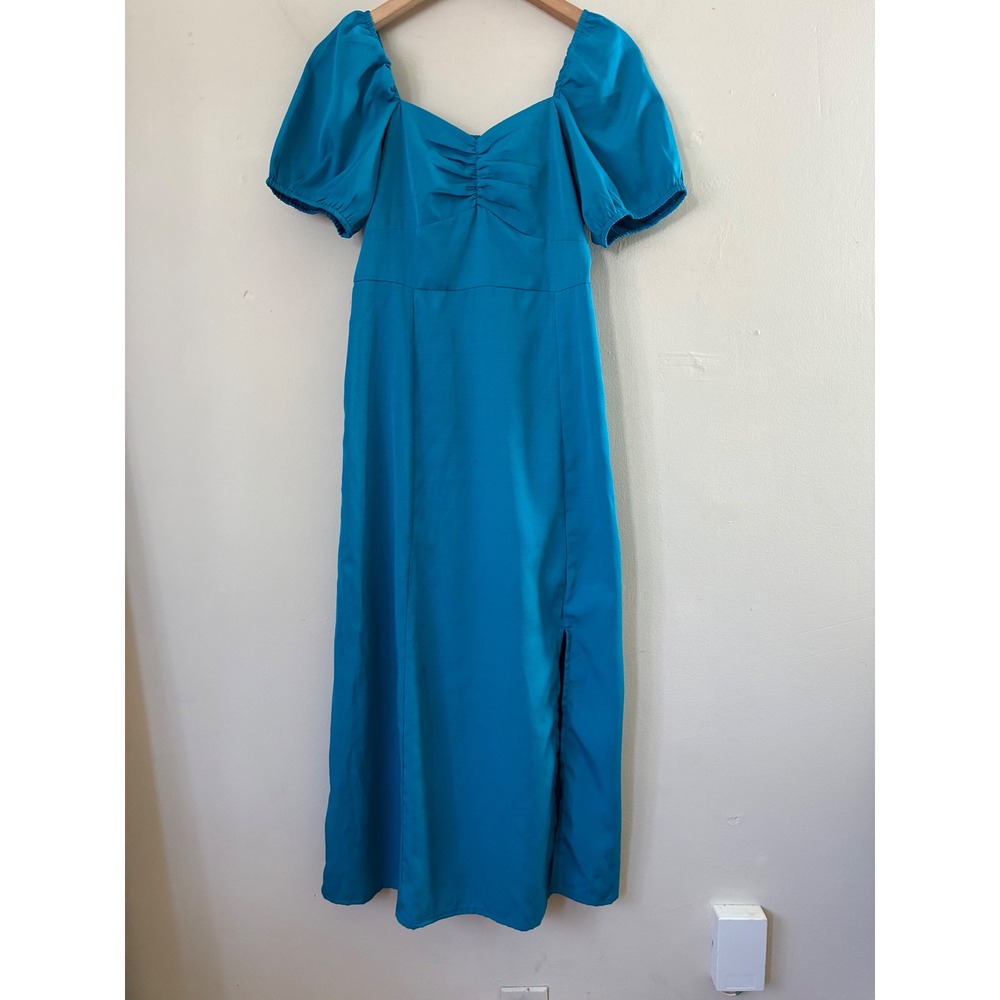 Style House Teal Blue Babydoll Maxi Dress Short Puff Sleeve Ruched Slit Large